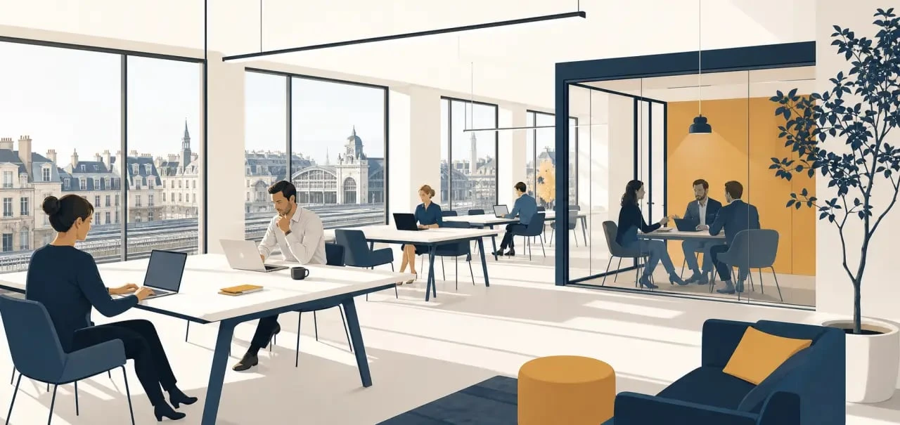 tours coworking : espace lumineux avec postes de travail et salle de réunion près de la gare