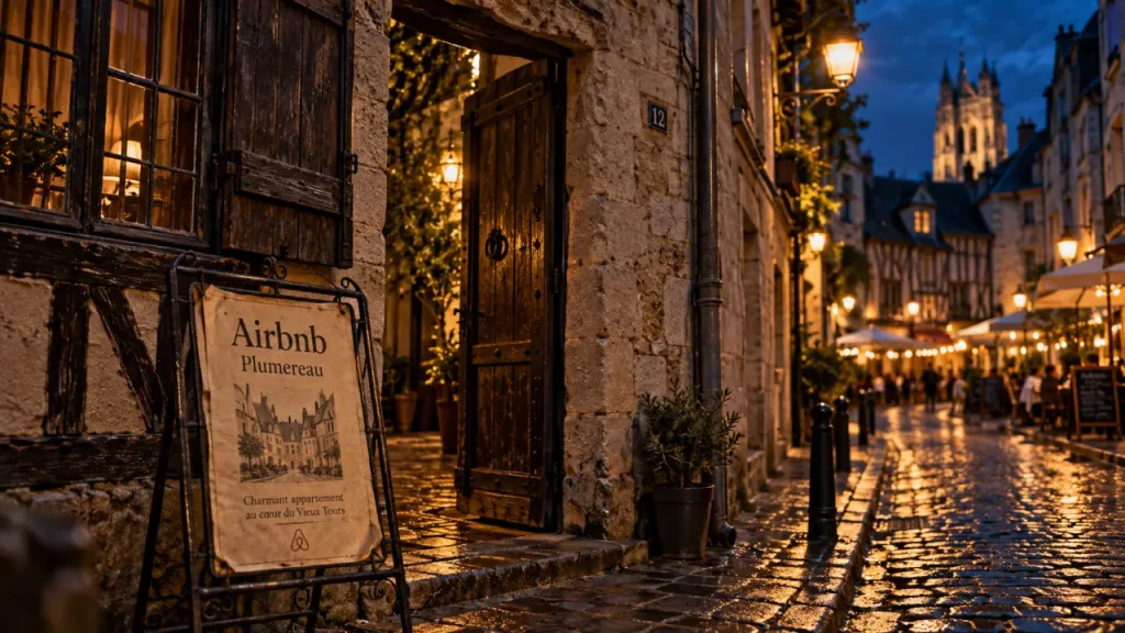 Affiche Airbnb vieux tours Plumereau devant une façade du Vieux Tours