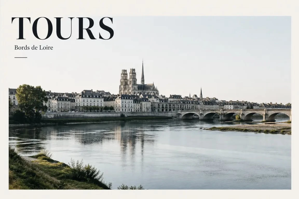 Vivre a Tours : panorama éditorial du centre historique de Tours au bord de la Loire, avec la cathédrale en arrière-plan