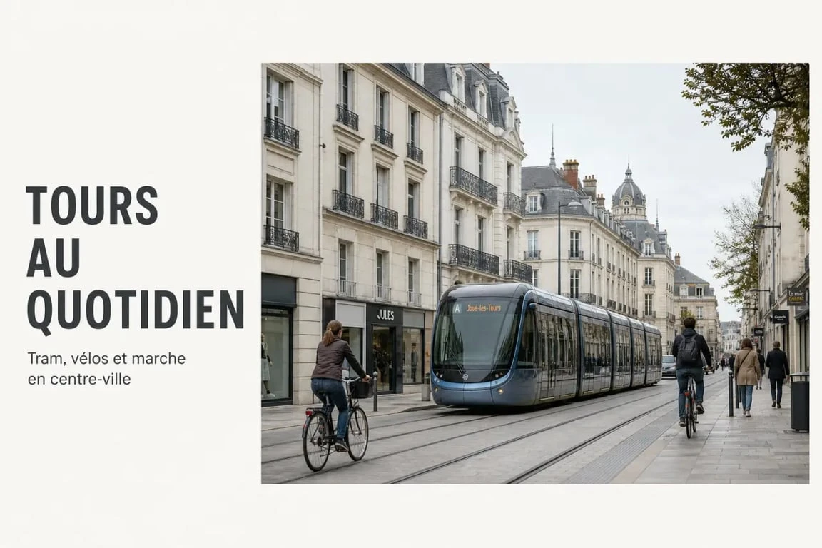 Vivre a Tours : scène de mobilité quotidienne à Tours avec tram, vélo et piétons dans le centre-ville