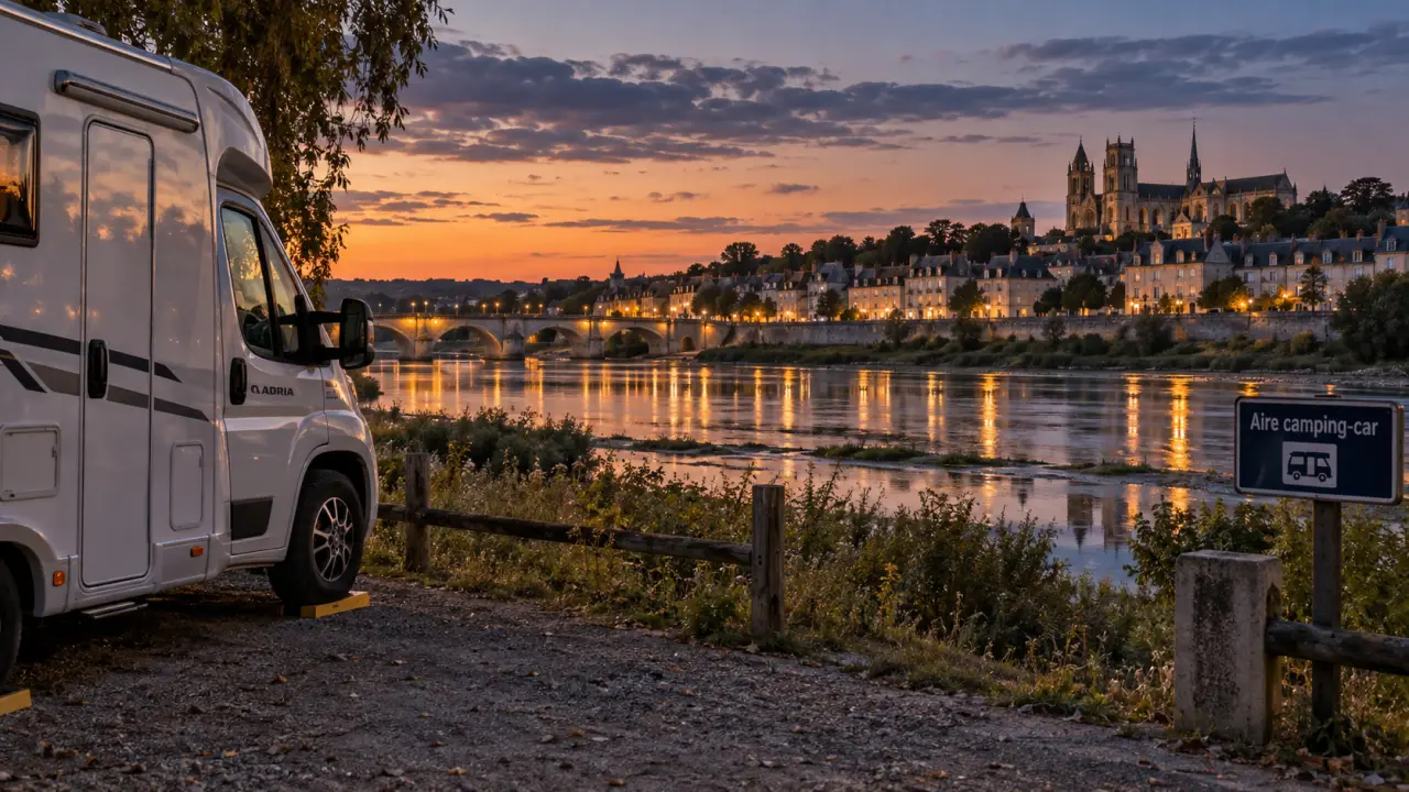 Visiter tours en camping car : camping-car sur une aire près de la Loire, au crépuscule